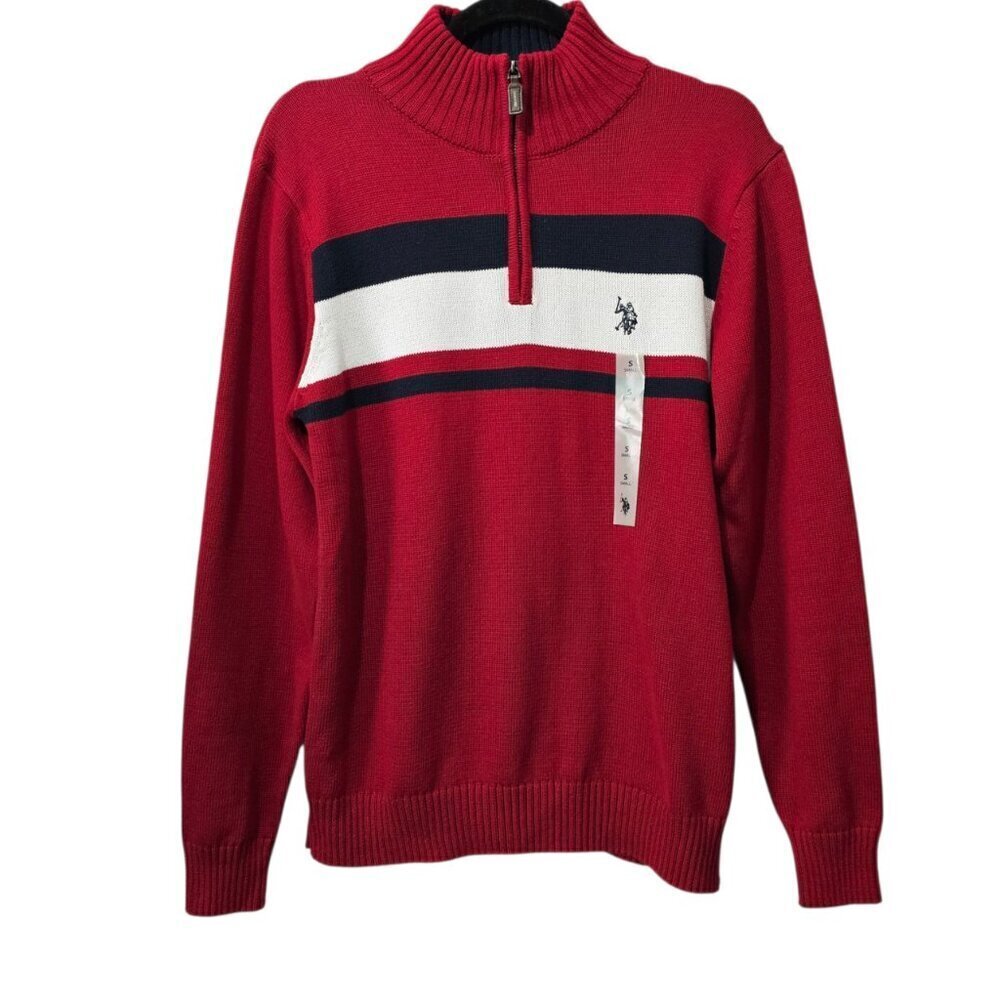 U.S Polo Assn. New Knit Soft Chest Stripe 1/4 Zip Mock Red Cotton Sweater